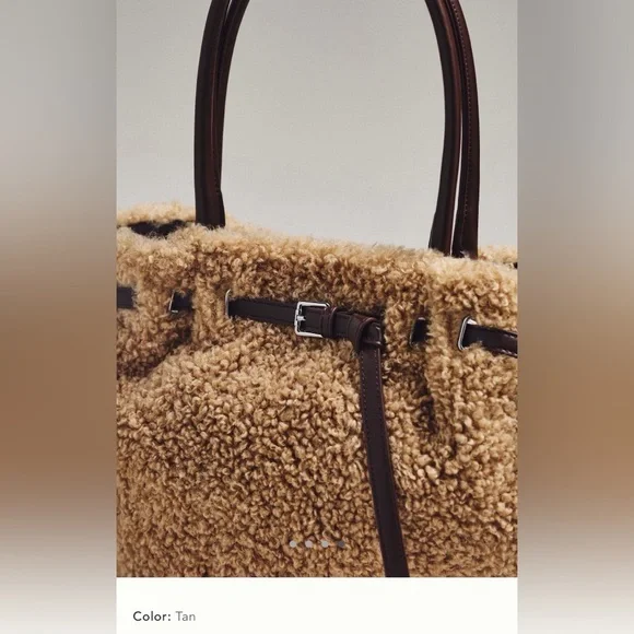 New Anthropologie Sherpa belted tote bag crossbody purse tan brown satchel - Picture 9 of 15